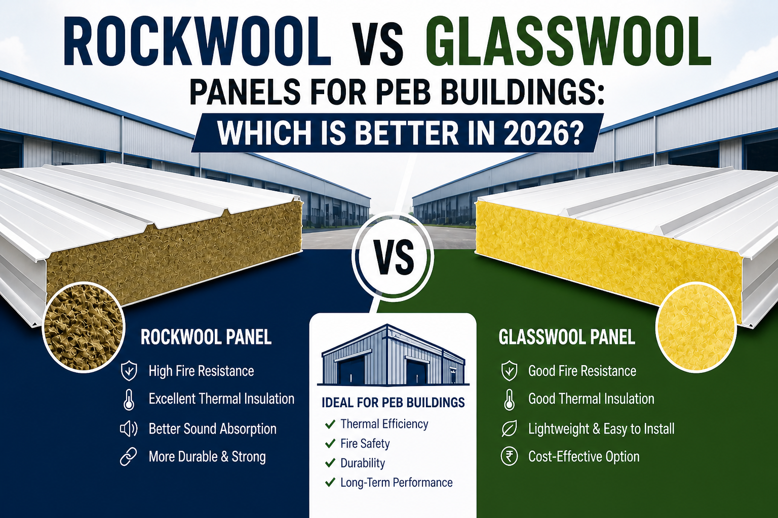 rockwool and glasswool insulation panels in PEB building
