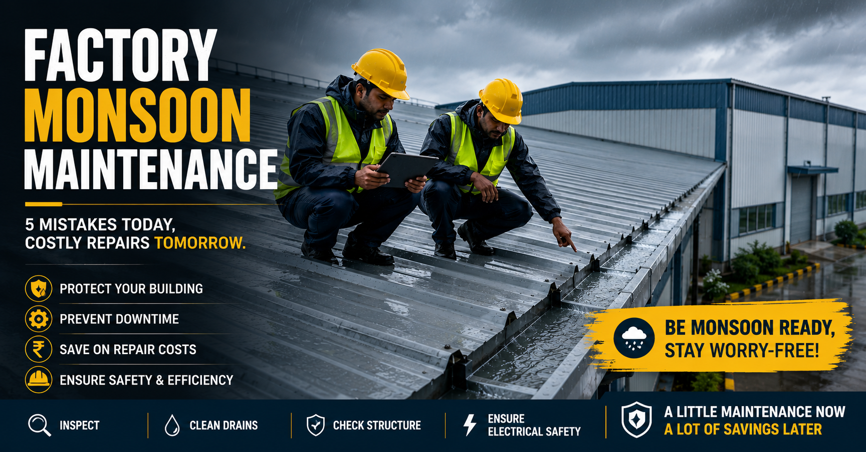 Factory Monsoon Maintenance inspection of industrial PEB building during monsoon