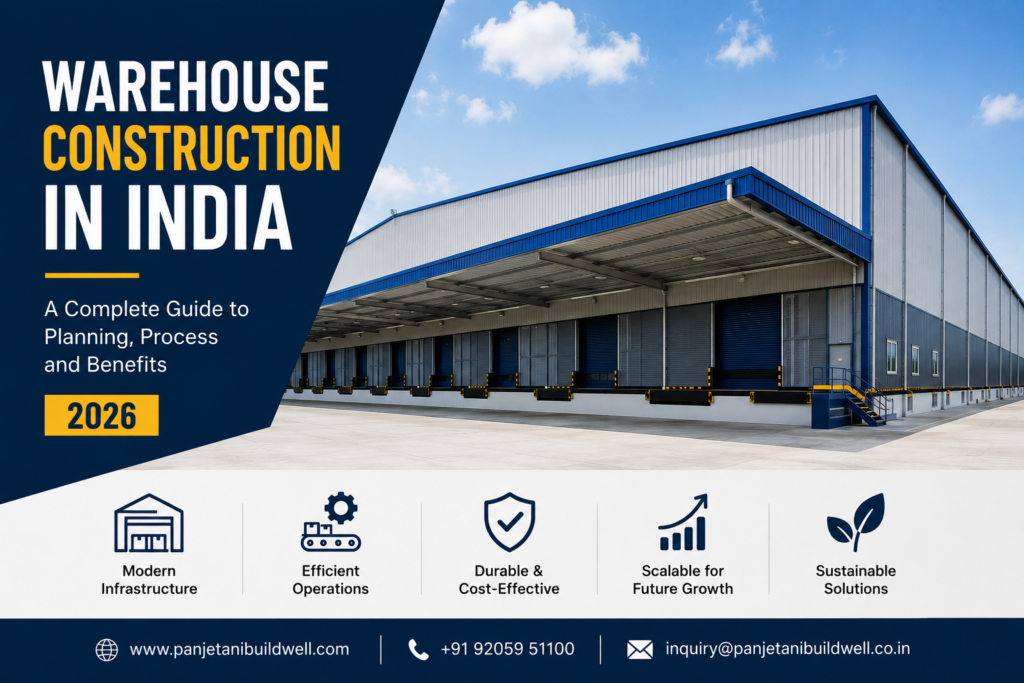 Warehouse construction in India featuring a modern industrial warehouse building